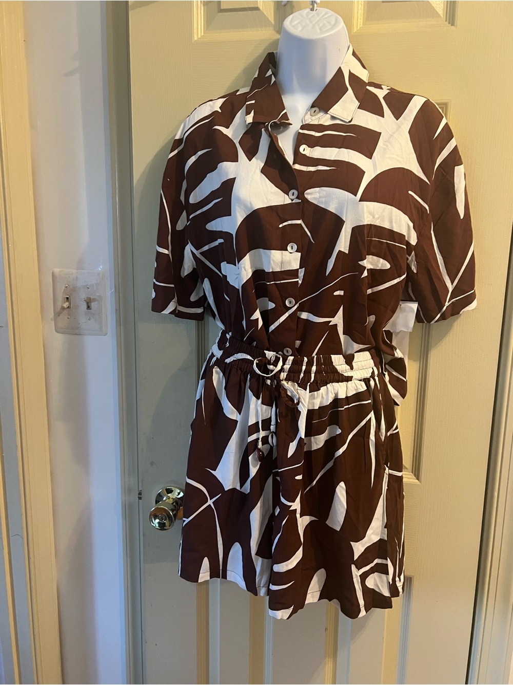 Brown and White Abstract Print Button-Up Romper